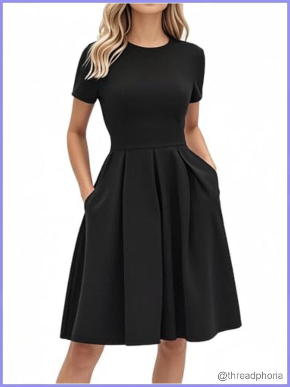 Women's A-Line Swing Dress with Pockets Scoop Neck Short Sleeve Stretchy Midi